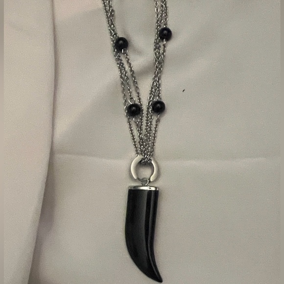 NWOT - Black Tusk Earrings & Stainless Steel Silver Necklace with Huggie & Tusk - Picture 4 of 12